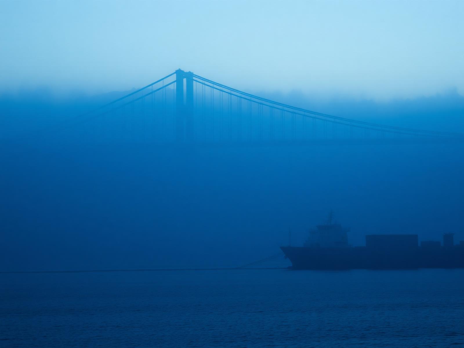 Cargo ship crossing the Bosphorus at dawn in fog