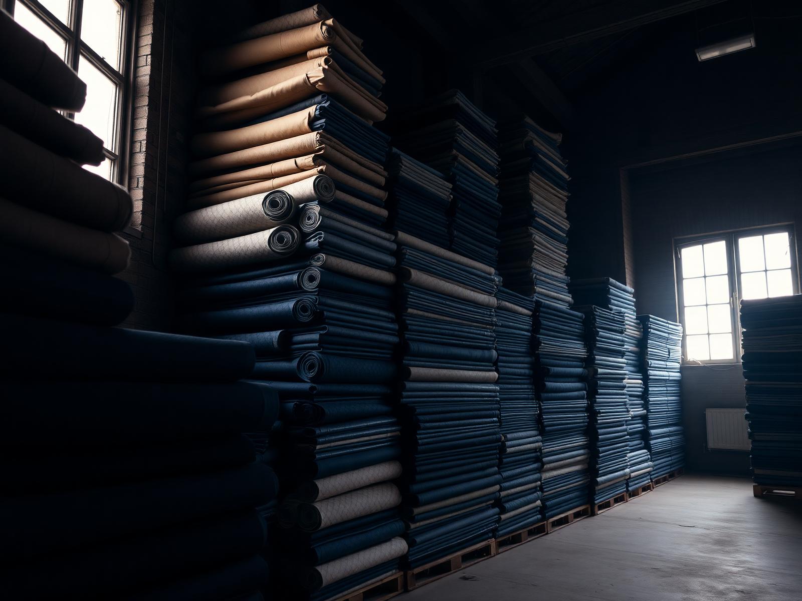 Rolls of fabric stacked in a Turkish textile warehouse