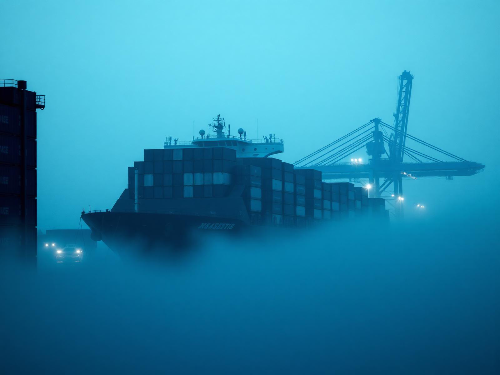 Container ship berthed at a Turkish port in fog
